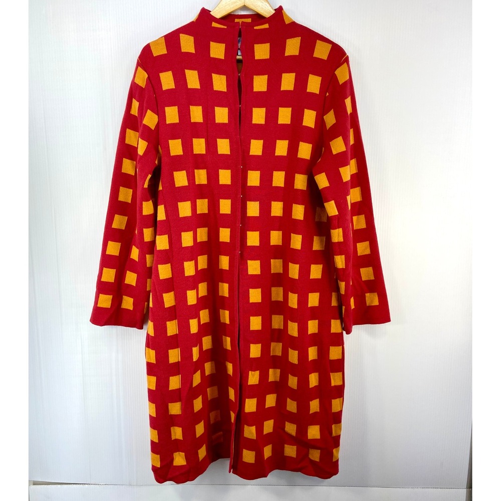 Alva by Burrows Red Orange Square Knit Duster Cardigan Sweater Coat Women Medium